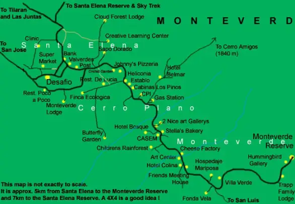 Map of Monteverde showing Santa Elena, Cerro Plano, the Monteverde Reserve and the main attractions along the road