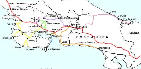 Major Cities and Roads of Costa Rica