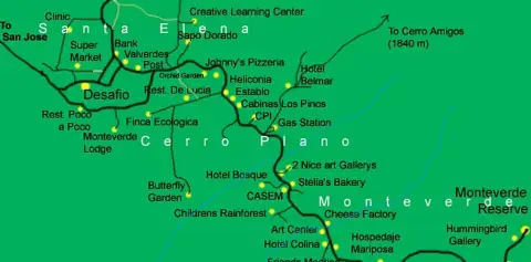 Monteverde Costa Rica area. Shows Santa Elena, Cerro Plano and Monteverde